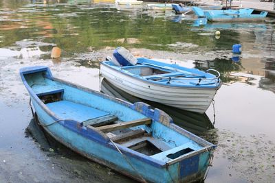 High angle view of boats moored in lake