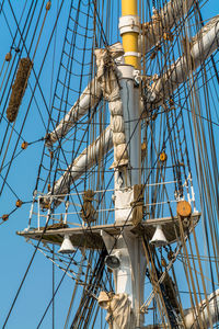 Low angle view of ship mast against clear blue sky