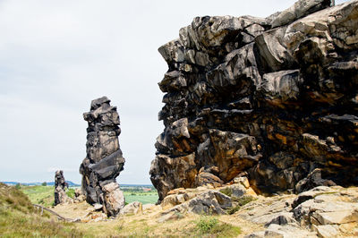 Low angle view of rock formations against cloudy sky