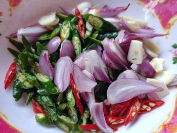 Close-up of chopped vegetables in plate