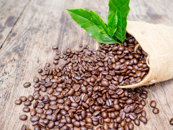 High angle view of coffee beans on table