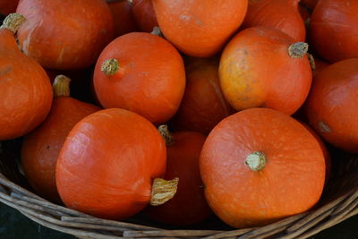 Close-up of pumpkins in basket for sale at market