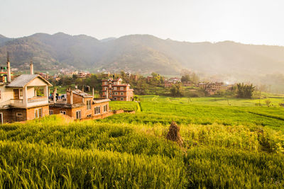 Scenic view of agricultural field by mountains against sky