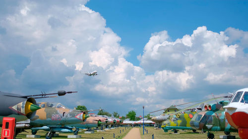 Panoramic view of airplane flying against sky