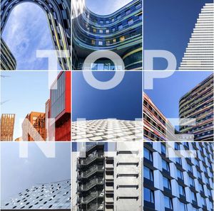 Directly below shot of modern buildings against sky