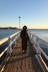 Rear view of man standing on pier over sea against clear sky