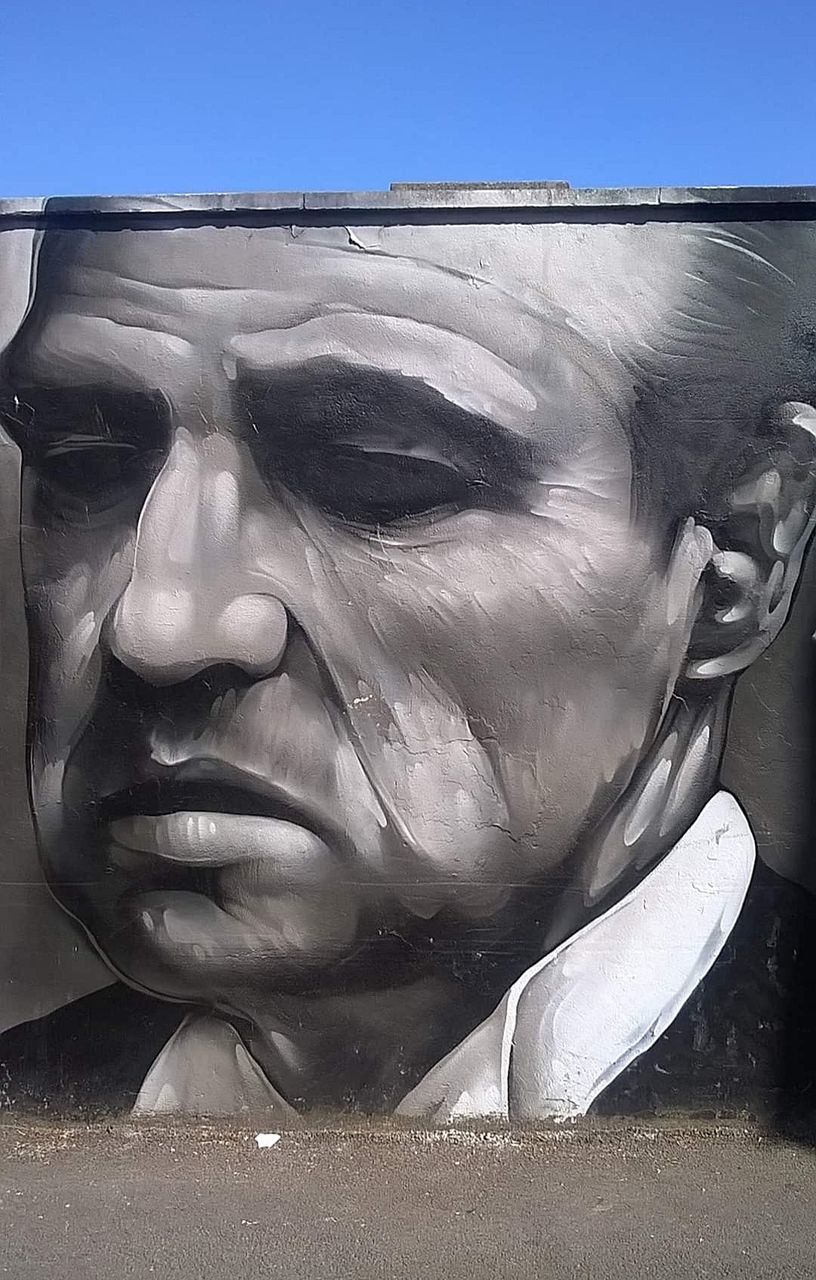 "The Godfather" mural Cardiff. Mural Mural Art The Godfather  Graffiti Graffiti Art Paint Painted Painted Image Brick Brick Wall Human Face Close-up Aerosol Can Street Art Spray Paint Silver Colored