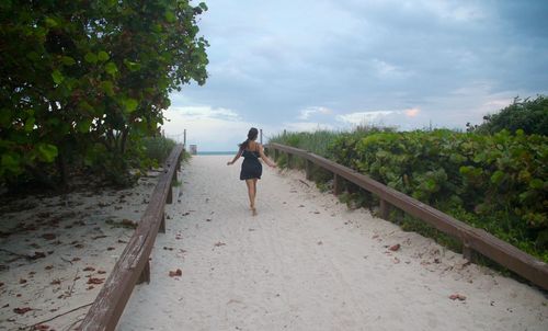 Rear view of woman walking towards sea at beach