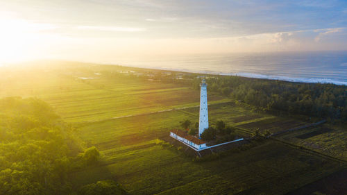 High angle view of agricultural field against sky