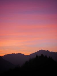 Scenic view of silhouette mountains against sky at sunset