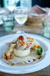 Close-up of dessert served on table