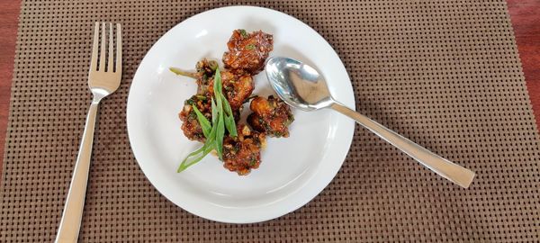 High angle view of food in plate on table