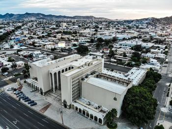 High angle view of buildings against sky