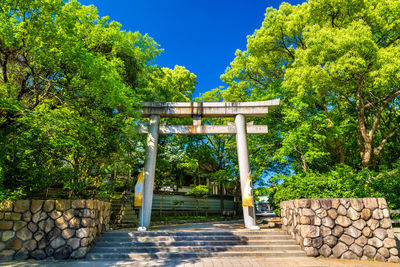 Stone wall by trees against blue sky