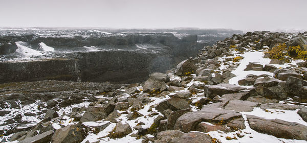 Scenic view of rocks against sky during winter