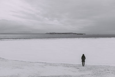 Woman overlooking frozen lake