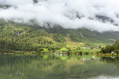 Scenic view of lake by trees against sky