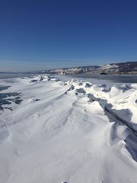 Snow covered landscape against clear blue sky