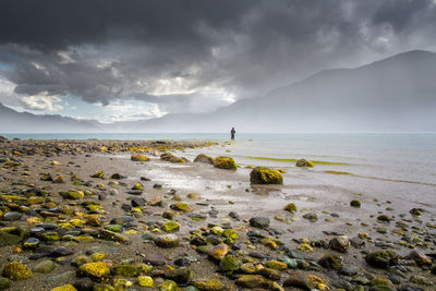 Mid distance of person standing in sea against cloudy sky