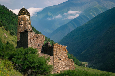 Ancient historical monuments of the chechen towers in the caucasus mountains. ikal-chu village.