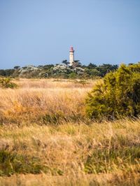 Lighthouse on field against clear sky