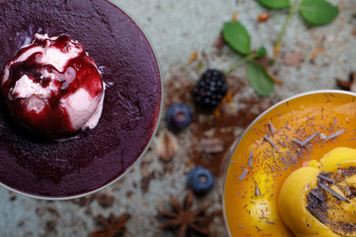 High angle view of dessert on table