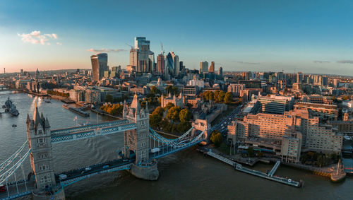 Aerial view of the london tower bridge at sunset.