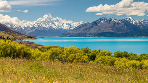 Scenic view of snowcapped mountains against sky