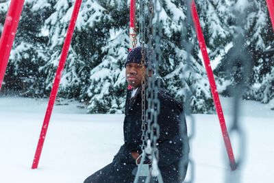 Portrait of man in snow