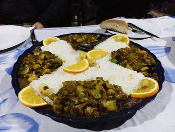 High angle view of food in plate on table