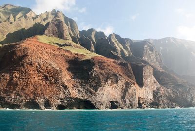 Scenic view of sea and mountains against sky