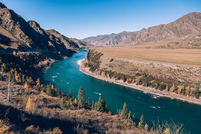 Scenic view of river amidst mountains against sky