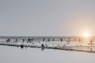 Group of people on beach against clear sky