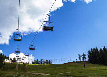 Low angle view of overhead cable car against sky