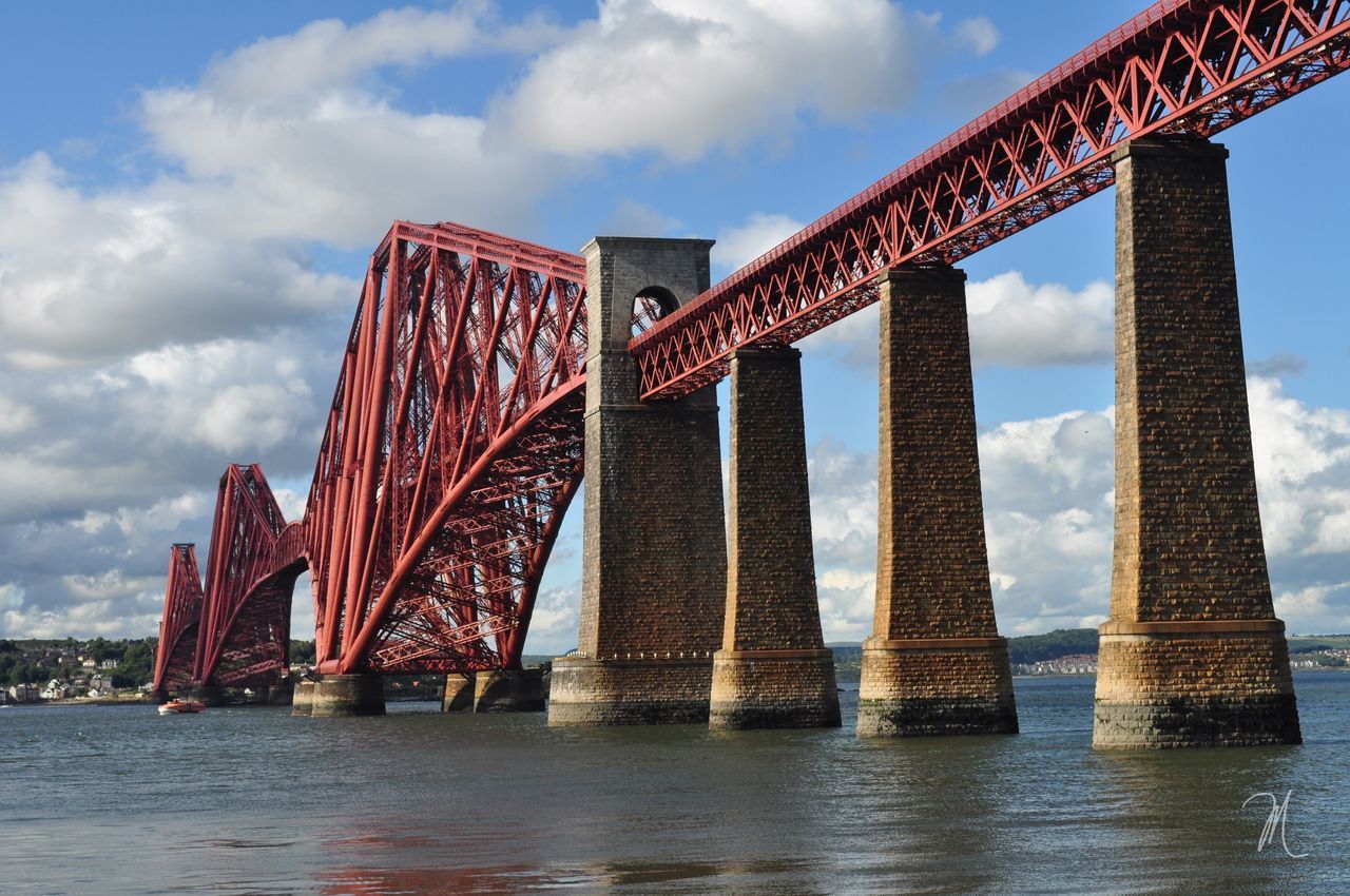 LOW ANGLE VIEW OF BRIDGE OVER RIVER IN CITY