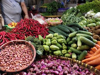 High angle view of vegetables for sale at market stall