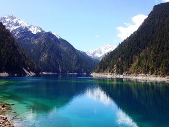 Scenic view of lake and mountains against sky