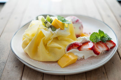 High angle view of breakfast served on table