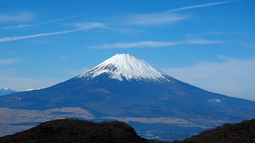 View of volcanic mountain against blue sky