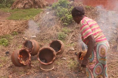 High angle view of people standing on land