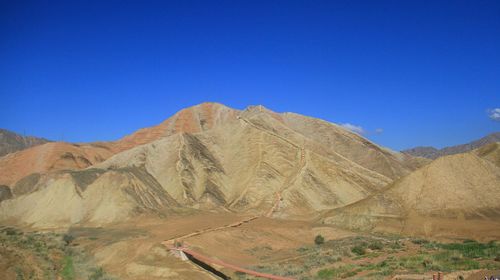 Scenic view of arid landscape against clear blue sky