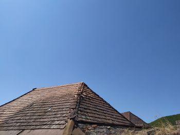 Low angle view of house roof against clear sky