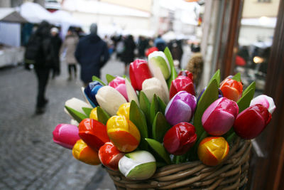 Colored wooden tulips in vilnius old town, lithuania