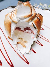 High angle view of cake in plate on table