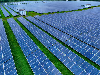 Aerial view of solar farm. sustainable renewable energy and modern photovoltaic technology for eco