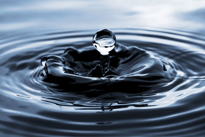 Close-up of drop falling on water