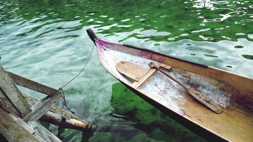 High angle view of boat moored in lake