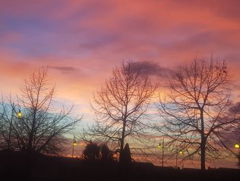 Silhouette bare trees on landscape against orange sky