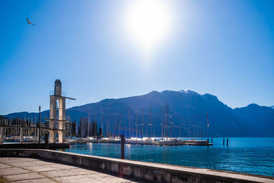 Scenic view of sea against clear blue sky