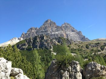 Low angle view of rock formation against clear blue sky